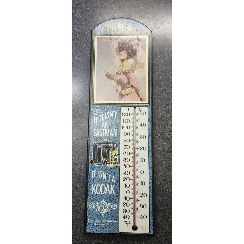 Kodak Girl Collectible Advertising Thermometer Sign Blue White Yellow Black Pink